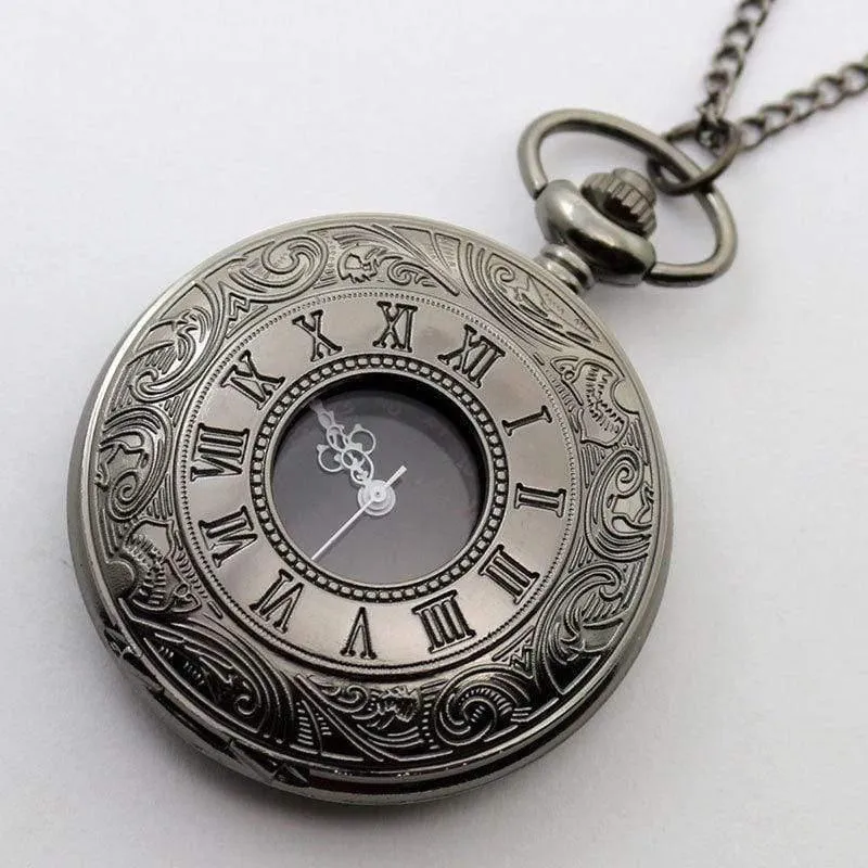 Vintage Schwarz Taschenuhr Quarz Uhren Kette Set Halskette Anhänger Geschenke Box Tasche Männer Frauen Geschenke Relogio De Bolso