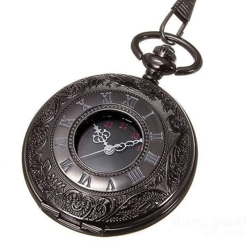 Vintage Schwarz Taschenuhr Quarz Uhren Kette Set Halskette Anhänger Geschenke Box Tasche Männer Frauen Geschenke Relogio De Bolso