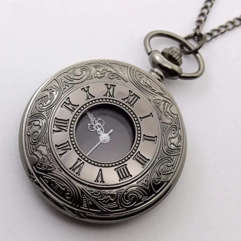 Vintage Schwarz Taschenuhr Quarz Uhren Kette Set Halskette Anhänger Geschenke Box Tasche Männer Frauen Geschenke Relogio De Bolso