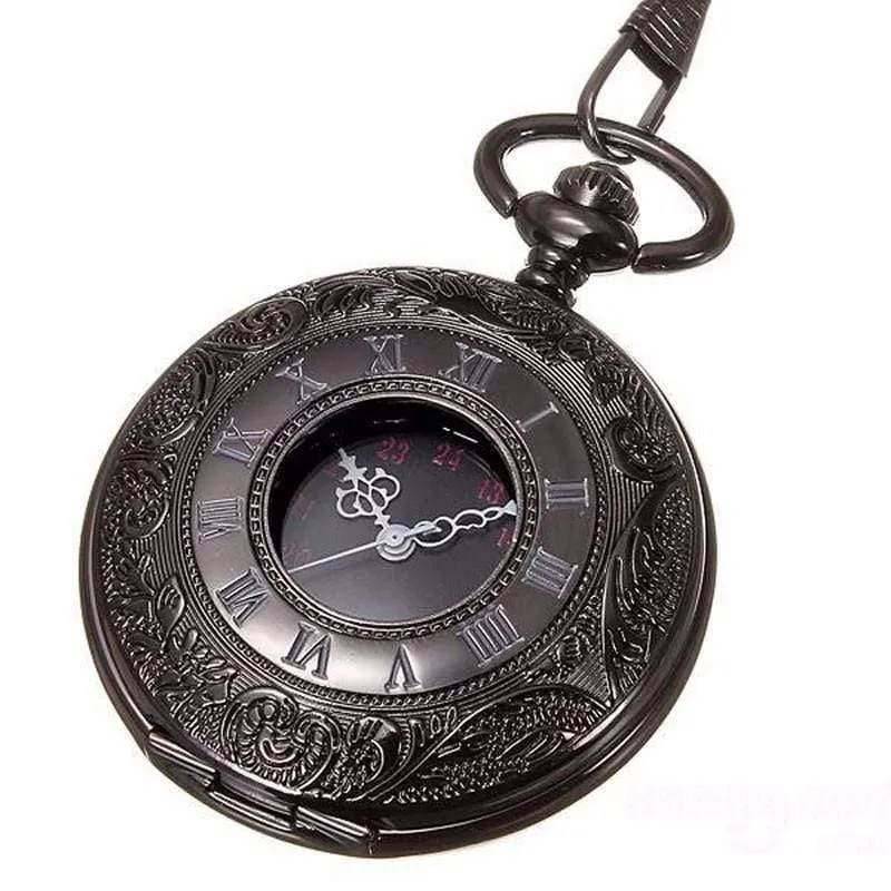 Vintage Schwarz Taschenuhr Quarz Uhren Kette Set Halskette Anhänger Geschenke Box Tasche Männer Frauen Geschenke Relogio De Bolso
