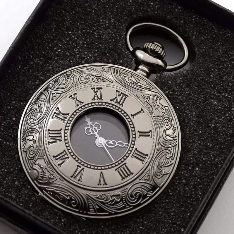 Vintage Schwarz Taschenuhr Quarz Uhren Kette Set Halskette Anhänger Geschenke Box Tasche Männer Frauen Geschenke Relogio De Bolso