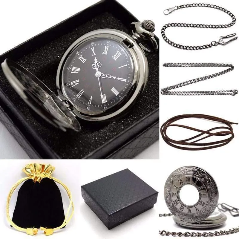 Vintage Schwarz Taschenuhr Quarz Uhren Kette Set Halskette Anhänger Geschenke Box Tasche Männer Frauen Geschenke Relogio De Bolso