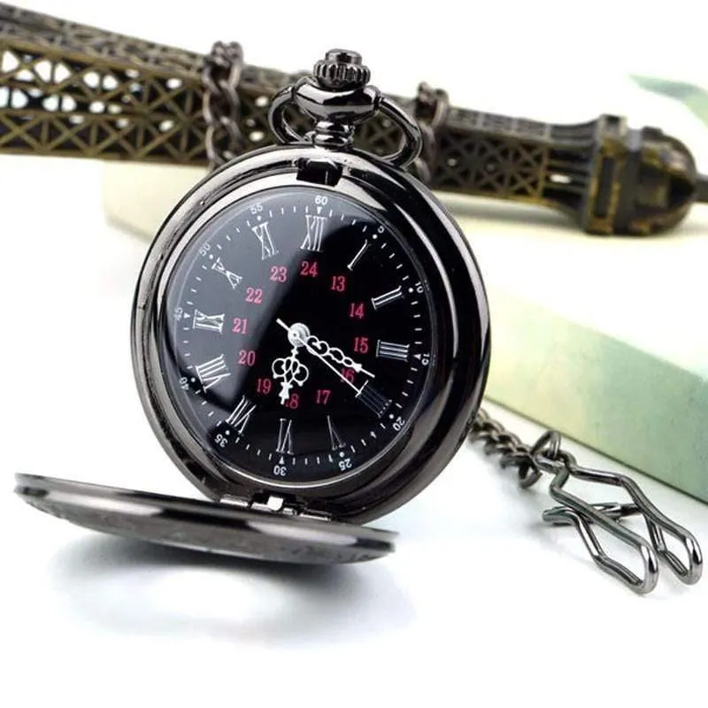 Vintage Schwarz Taschenuhr Quarz Uhren Kette Set Halskette Anhänger Geschenke Box Tasche Männer Frauen Geschenke Relogio De Bolso