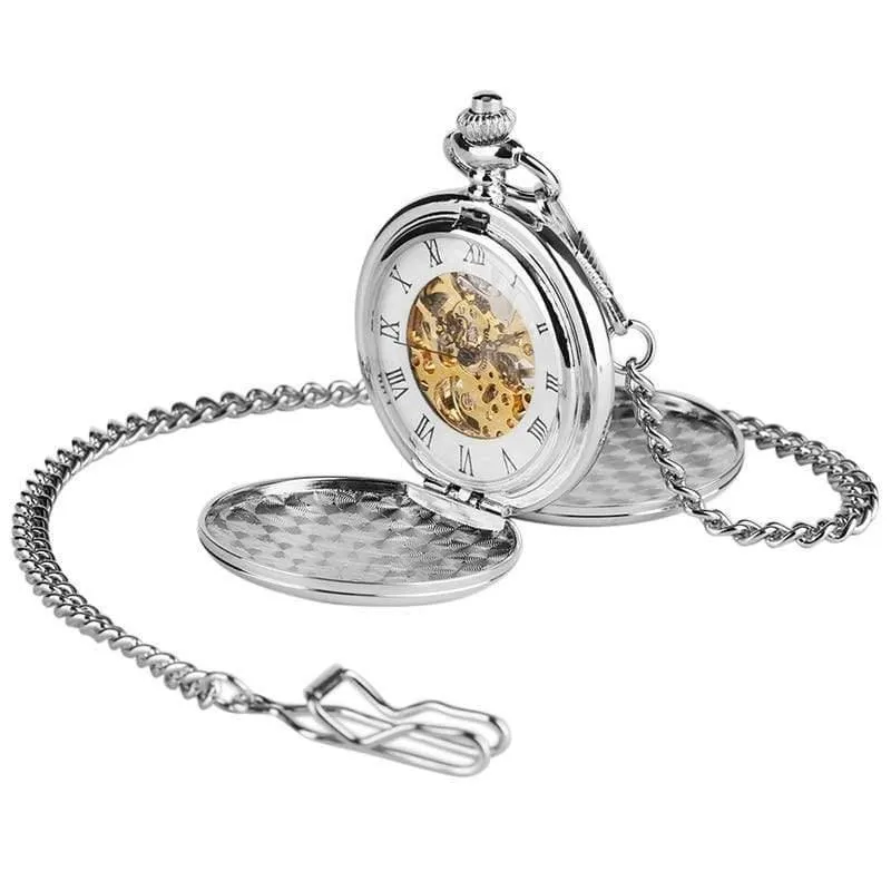Skeleton mechanische Taschenuhr für Männer Steampunk Silber Handaufzugsuhren