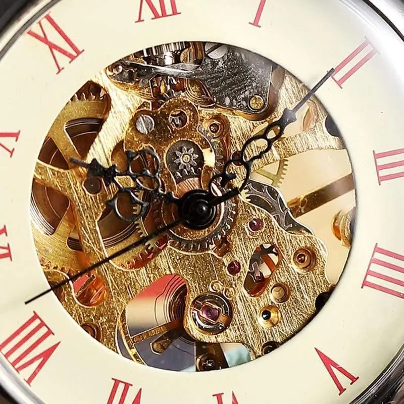 Mechanische Taschenuhr Herren Steampunk Skeleton Handwinduhr Römische Taschenuhr mit Fob-Kette