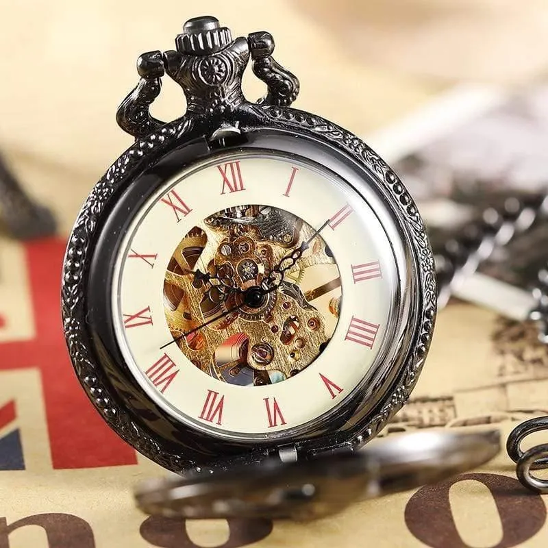 Mechanische Taschenuhr Herren Steampunk Skeleton Handwinduhr Römische Taschenuhr mit Fob-Kette