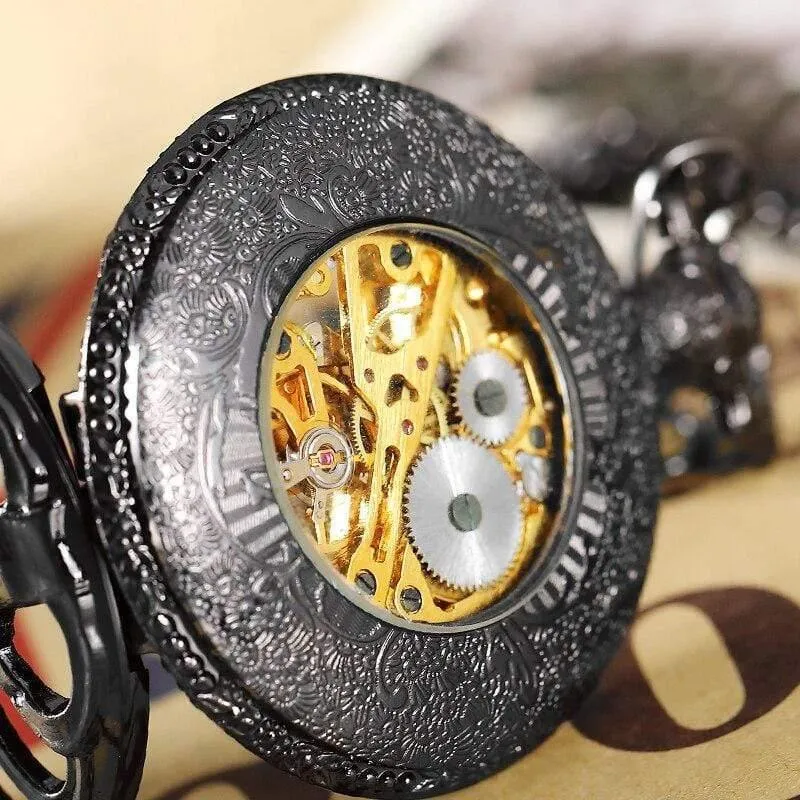 Mechanische Taschenuhr Herren Steampunk Skeleton Handwinduhr Römische Taschenuhr mit Fob-Kette