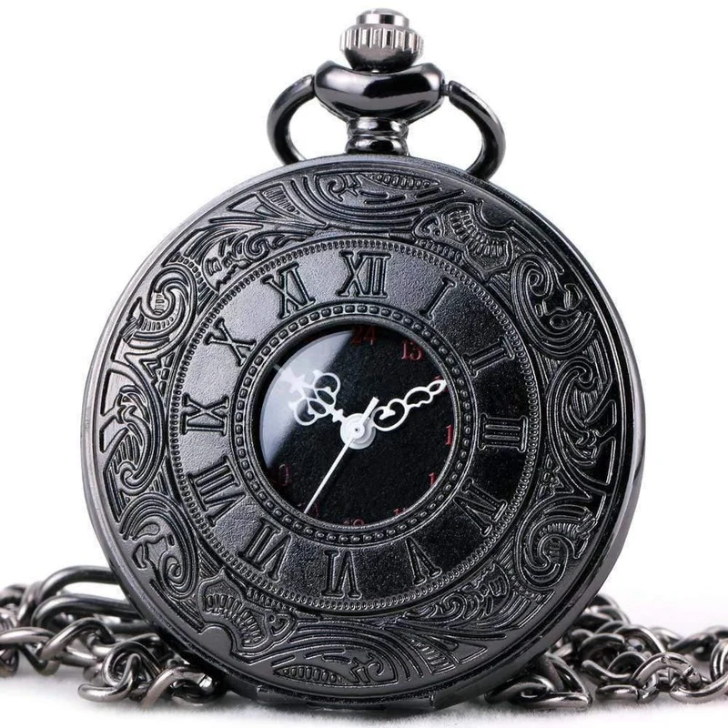 Modische Quarz-Taschenuhr mit offenem Deckel, römischer Gotik-Stil, zartes Muster, schwarzes Gehäuse, Taschenuhren