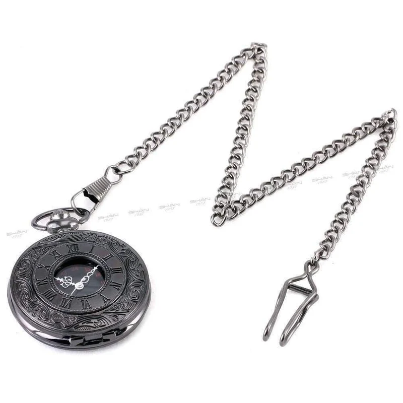 Modische Quarz-Taschenuhr mit offenem Deckel, römischer Gotik-Stil, zartes Muster, schwarzes Gehäuse, Taschenuhren