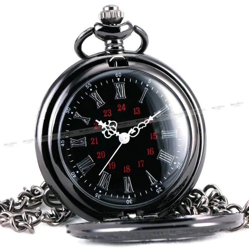 Modische Quarz-Taschenuhr mit offenem Deckel, römischer Gotik-Stil, zartes Muster, schwarzes Gehäuse, Taschenuhren