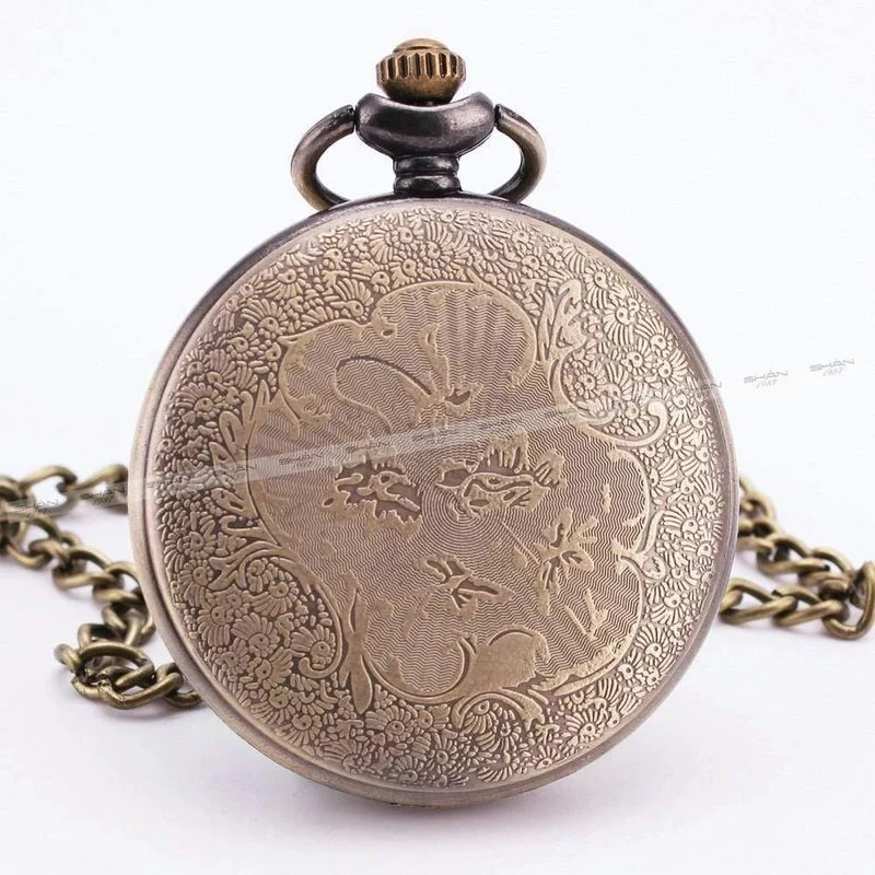 Modische Quarz-Taschenuhr mit offenem Deckel, römischer Gotik-Stil, zartes Muster, schwarzes Gehäuse, Taschenuhren