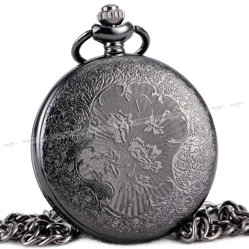 Modische Quarz-Taschenuhr mit offenem Deckel, römischer Gotik-Stil, zartes Muster, schwarzes Gehäuse, Taschenuhren