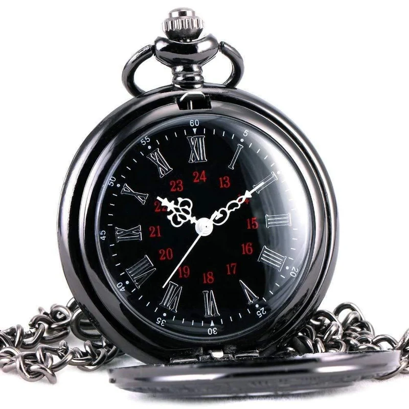 Modische Quarz-Taschenuhr mit offenem Deckel, römischer Gotik-Stil, zartes Muster, schwarzes Gehäuse, Taschenuhren