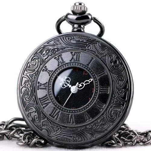 Modische Quarz-Taschenuhr mit offenem Deckel, römischer Gotik-Stil, zartes Muster, schwarzes Gehäuse, Taschenuhren