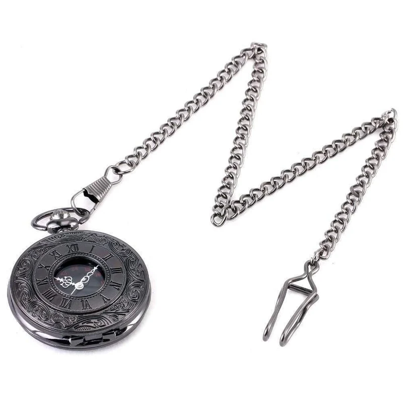 Modische Quarz-Taschenuhr mit offenem Deckel, römischer Gotik-Stil, zartes Muster, schwarzes Gehäuse, Taschenuhren
