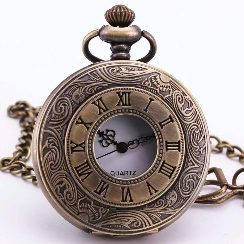 Modische Quarz-Taschenuhr mit offenem Deckel, römischer Gotik-Stil, zartes Muster, schwarzes Gehäuse, Taschenuhren