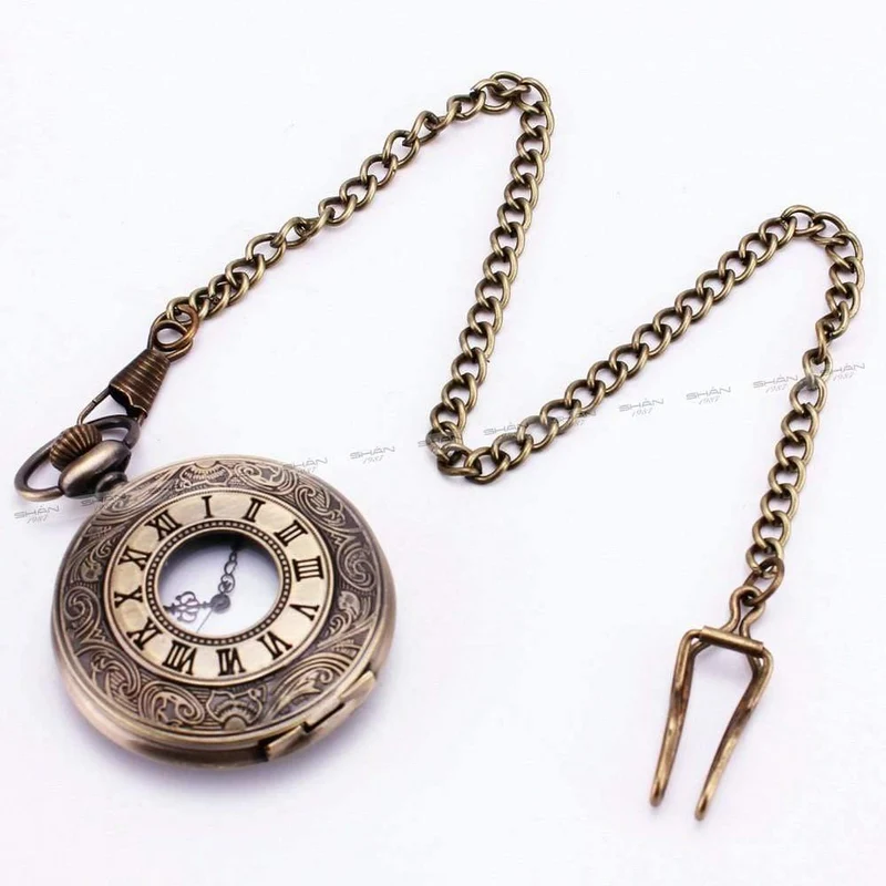 Modische Quarz-Taschenuhr mit offenem Deckel, römischer Gotik-Stil, zartes Muster, schwarzes Gehäuse, Taschenuhren