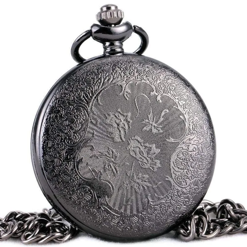 Modische Quarz-Taschenuhr mit offenem Deckel, römischer Gotik-Stil, zartes Muster, schwarzes Gehäuse, Taschenuhren