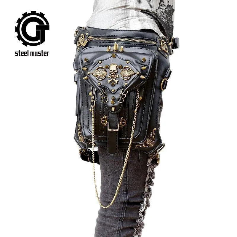 Gothic Steampunk Totenkopf Retro Rock Tasche Herren Damen Hüfttasche Umhängetasche Handyhülle Halter Vintage Leder Messenger Bag