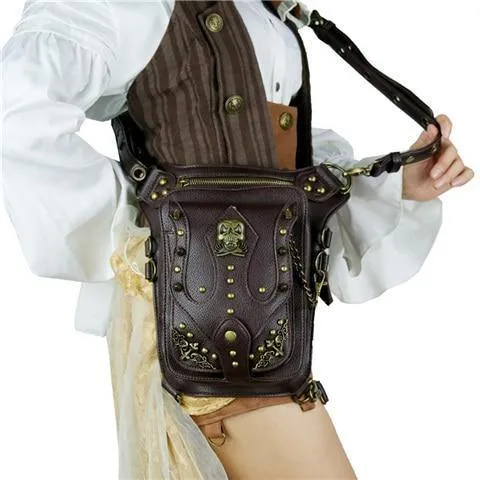 Gothic Steampunk Totenkopf Retro Rock Tasche Herren Damen Hüfttasche Umhängetasche Handyhülle Halter Vintage Leder Messenger Bag