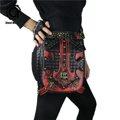 Gothic Steampunk Totenkopf Retro Rock Tasche Herren Damen Hüfttasche Umhängetasche Handyhülle Halter Vintage Leder Messenger Bag