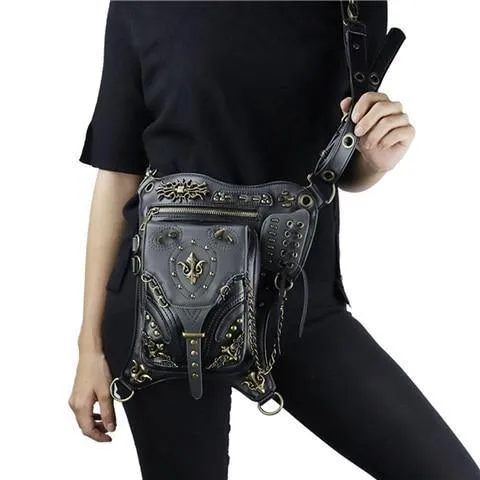 Gothic Steampunk Totenkopf Retro Rock Tasche Herren Damen Hüfttasche Umhängetasche Handyhülle Halter Vintage Leder Messenger Bag