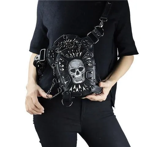 Gothic Steampunk Totenkopf Retro Rock Tasche Herren Damen Hüfttasche Umhängetasche Handyhülle Halter Vintage Leder Messenger Bag