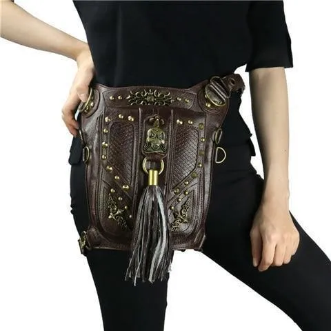 Gothic Steampunk Totenkopf Retro Rock Tasche Herren Damen Hüfttasche Umhängetasche Handyhülle Halter Vintage Leder Messenger Bag