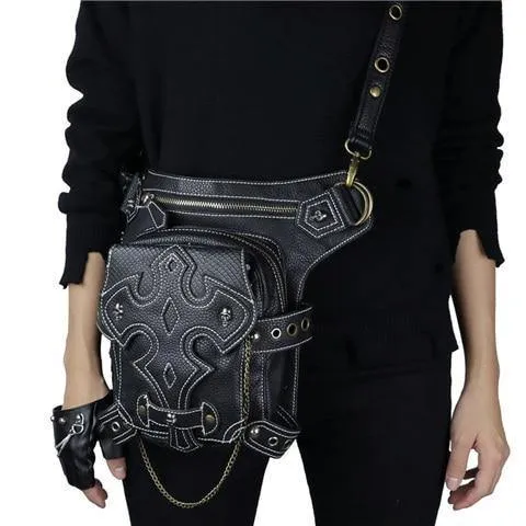 Gothic Steampunk Totenkopf Retro Rock Tasche Herren Damen Hüfttasche Umhängetasche Handyhülle Halter Vintage Leder Messenger Bag