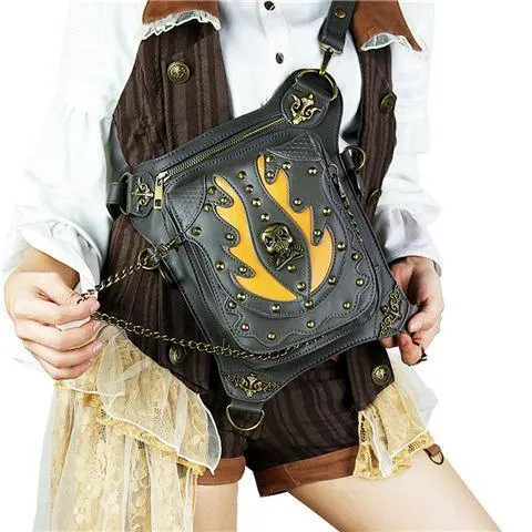 Gothic Steampunk Totenkopf Retro Rock Tasche Herren Damen Hüfttasche Umhängetasche Handyhülle Halter Vintage Leder Messenger Bag