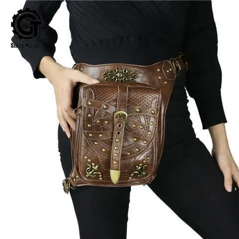 Gothic Steampunk Totenkopf Retro Rock Tasche Herren Damen Hüfttasche Umhängetasche Handyhülle Halter Vintage Leder Messenger Bag