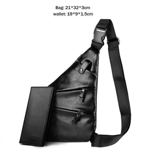 Leder Mann Messenger Bag Marke Schwarz Herrenmode Brusttasche Mit Fronttasche Casual Männer Sling Bag