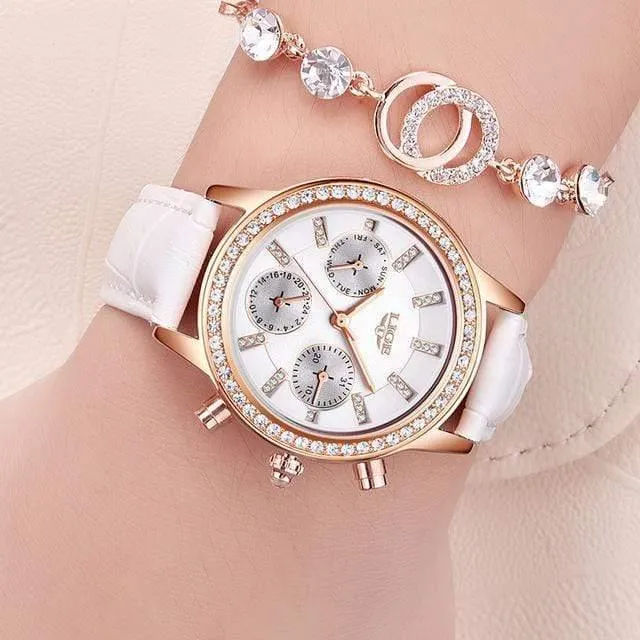 Frauen Uhren Freizeit mode Leder Quarz Damen Diamant Kleid uhr Weiblichen geschenk Relogio Feminino + Box