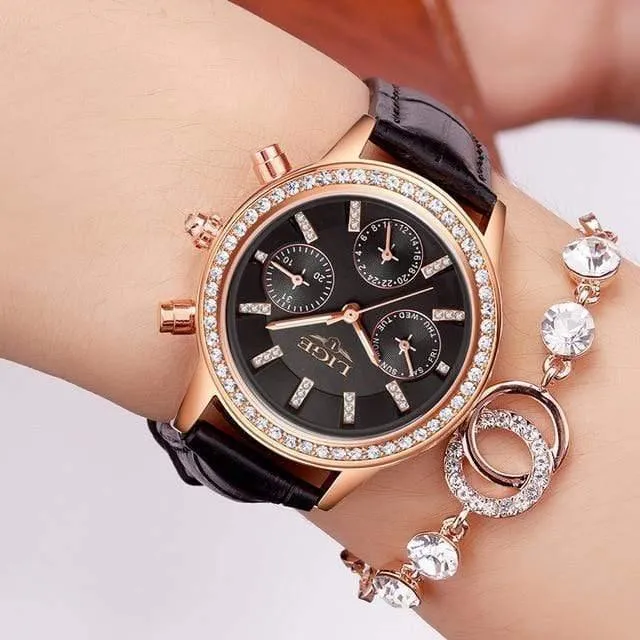 Frauen Uhren Freizeit mode Leder Quarz Damen Diamant Kleid uhr Weiblichen geschenk Relogio Feminino + Box