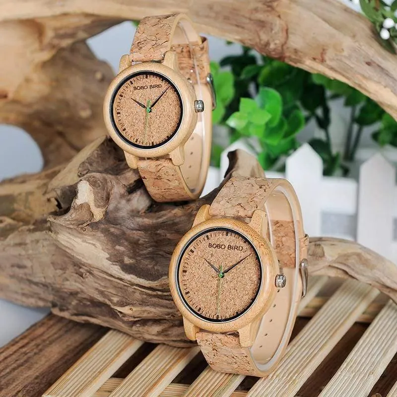 Liebhaber-Uhren-hölzerne Zeitmesser-handgemachter Korken-Bügel-Bambusfrauen-Uhr-Luxus im Kasten nehmen Logo-Tropfen-Verschiffen an