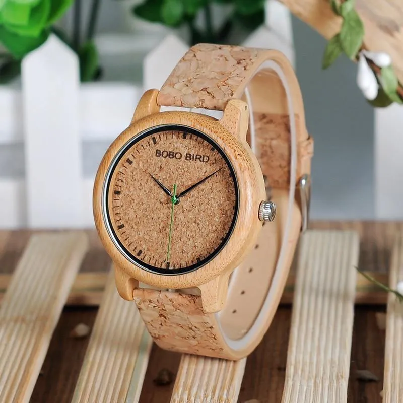 Liebhaber-Uhren-hölzerne Zeitmesser-handgemachter Korken-Bügel-Bambusfrauen-Uhr-Luxus im Kasten nehmen Logo-Tropfen-Verschiffen an