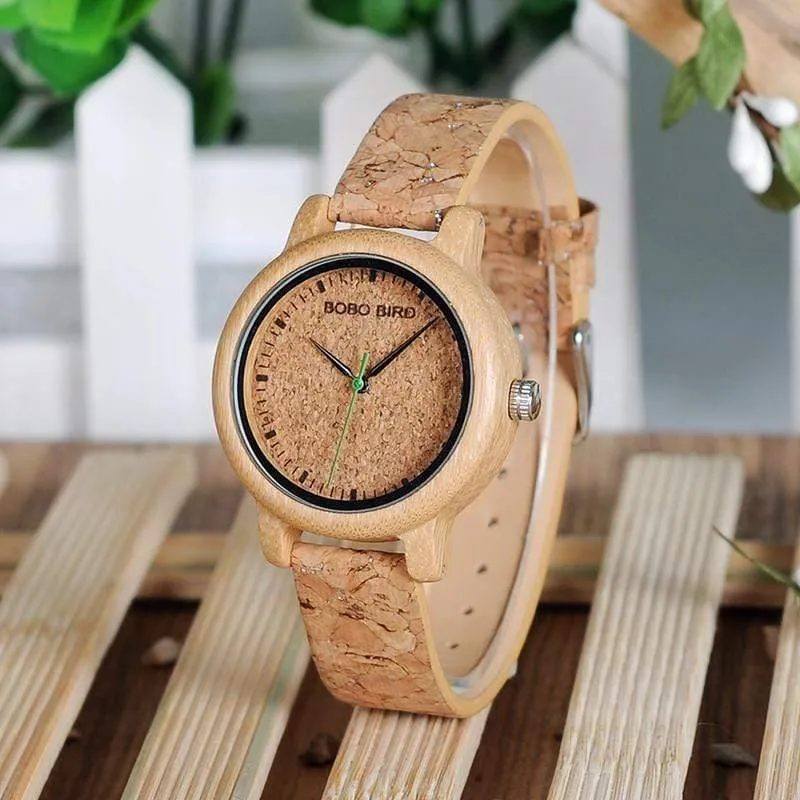 Liebhaber-Uhren-hölzerne Zeitmesser-handgemachter Korken-Bügel-Bambusfrauen-Uhr-Luxus im Kasten nehmen Logo-Tropfen-Verschiffen an