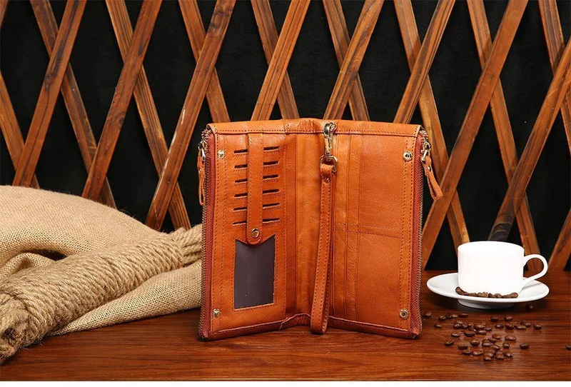 Casual männer Geldbörsen Doppel-reißverschluss Kupplung Tasche Aus Echtem Leder Männer Brieftaschen Leder Mann Brieftasche Lange Männlichen Armband Geldbörse Karte