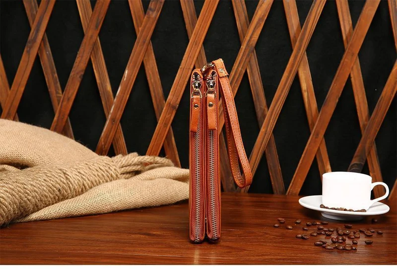 Casual männer Geldbörsen Doppel-reißverschluss Kupplung Tasche Aus Echtem Leder Männer Brieftaschen Leder Mann Brieftasche Lange Männlichen Armband Geldbörse Karte