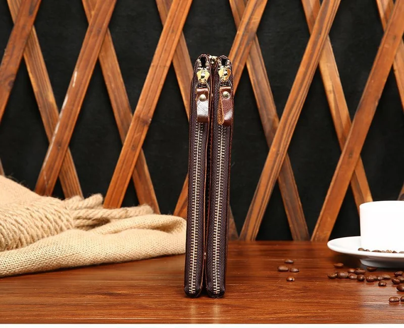Casual männer Geldbörsen Doppel-reißverschluss Kupplung Tasche Aus Echtem Leder Männer Brieftaschen Leder Mann Brieftasche Lange Männlichen Armband Geldbörse Karte