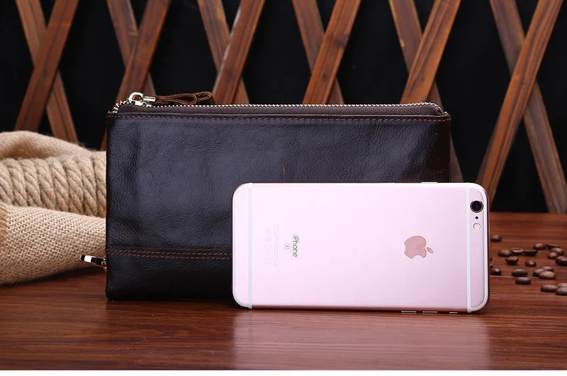 Casual männer Geldbörsen Doppel-reißverschluss Kupplung Tasche Aus Echtem Leder Männer Brieftaschen Leder Mann Brieftasche Lange Männlichen Armband Geldbörse Karte