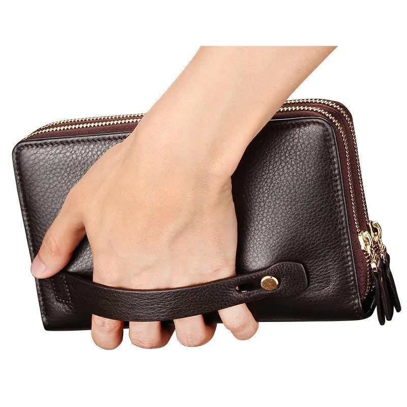Herren-Geldbörsen mit Münzfach, langer Reißverschluss-Geldbörse für Herren, Clutch-Business-Geldbörse für Männer, Doppelreißverschluss, Vintage-große Geldbörse