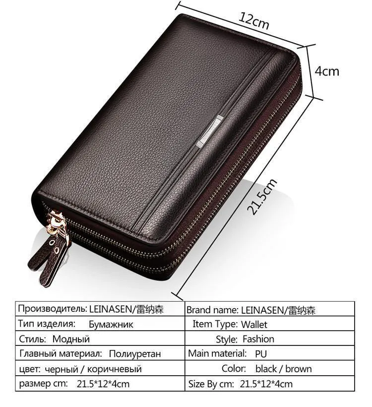 Herren-Geldbörsen mit Münzfach, langer Reißverschluss-Geldbörse für Herren, Clutch-Business-Geldbörse für Männer, Doppelreißverschluss, Vintage-große Geldbörse