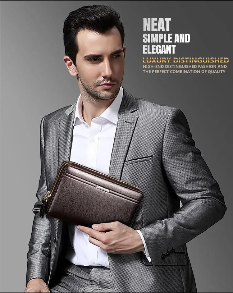Herren-Geldbörsen mit Münzfach, langer Reißverschluss-Geldbörse für Herren, Clutch-Business-Geldbörse für Männer, Doppelreißverschluss, Vintage-große Geldbörse