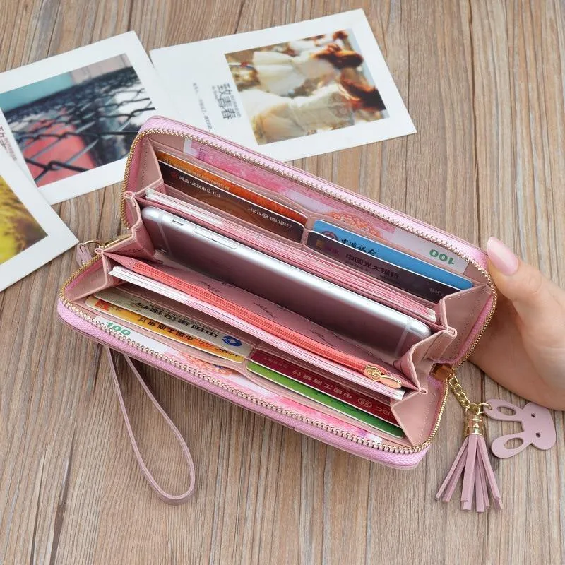 Ledergeldbörsen für Damen, langer Reißverschluss, Münzgeldbörsen, Quasten-Design, Clutch, Geldbörsen für Damen, Geldbeutel, Kreditkartenhalter