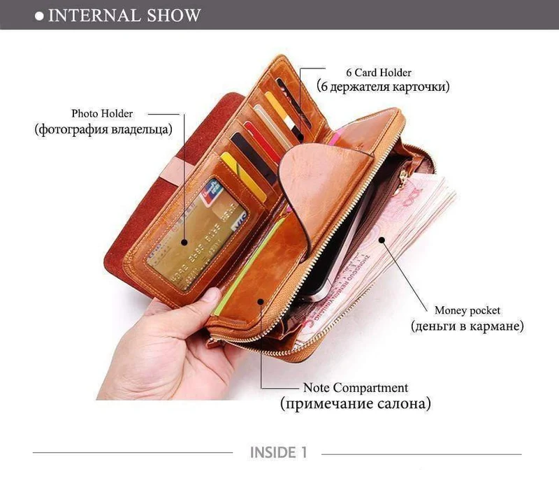 Weibliche Geldbörsen, Reißverschluss, echtes Leder, langes Design, Liebhaber, Herren/Damen, Geldbörsen, Handy-Clutch