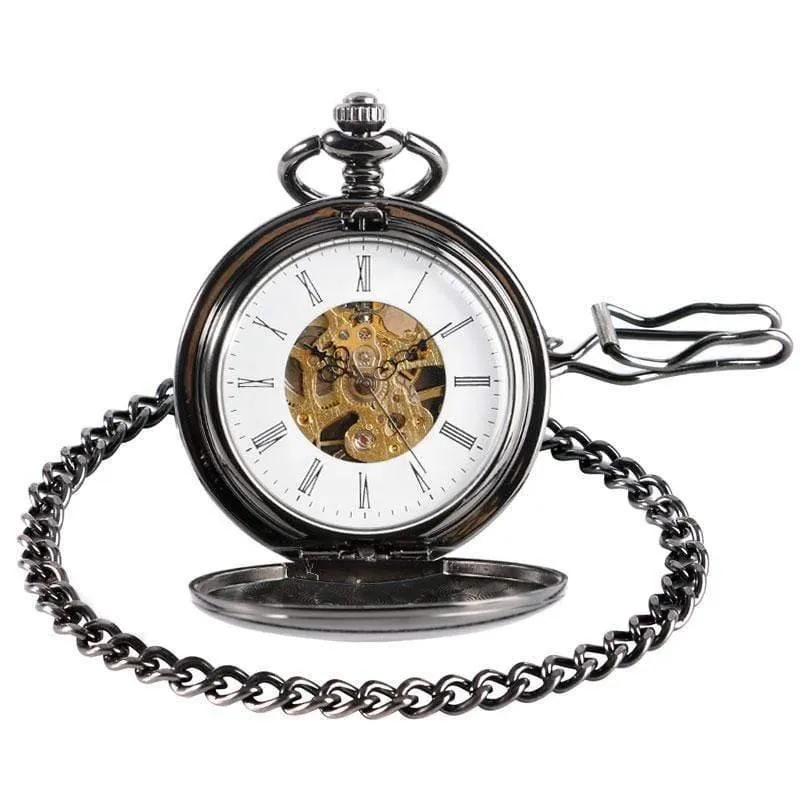 Skelett glatt zurück mechanische Taschenuhr Anhänger Männer Frauen mit Kette Fob Uhren Weihnachtsgeschenk