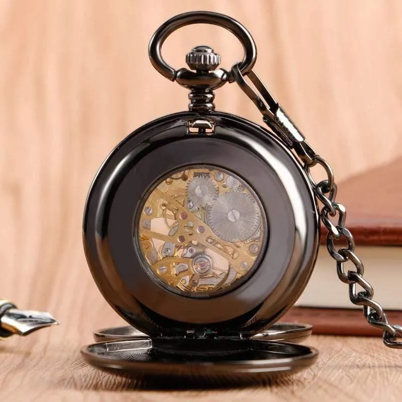 Skelett glatt zurück mechanische Taschenuhr Anhänger Männer Frauen mit Kette Fob Uhren Weihnachtsgeschenk