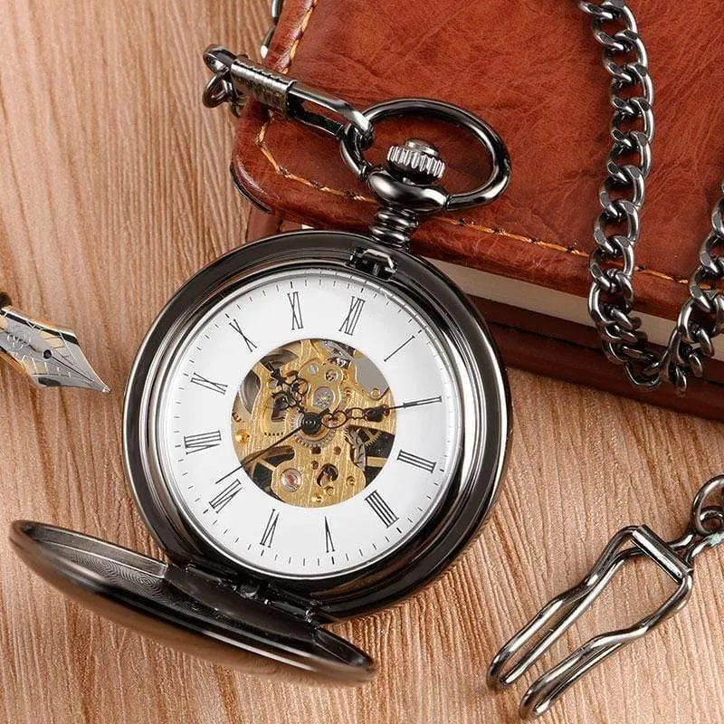 Skelett glatt zurück mechanische Taschenuhr Anhänger Männer Frauen mit Kette Fob Uhren Weihnachtsgeschenk