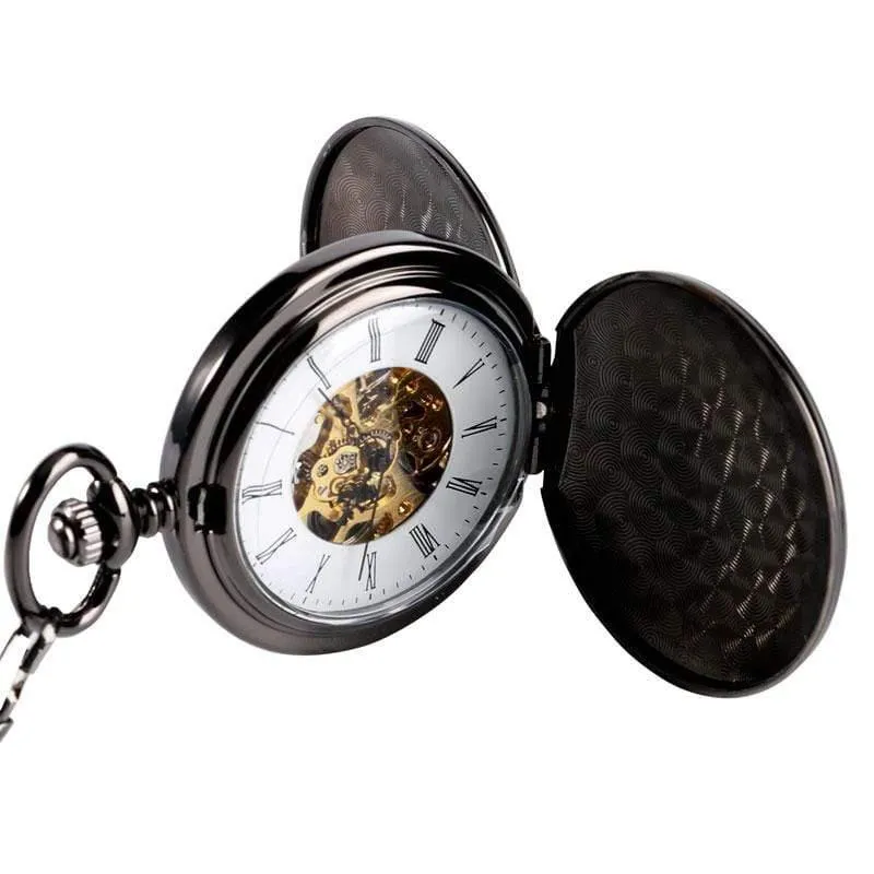 Skelett glatt zurück mechanische Taschenuhr Anhänger Männer Frauen mit Kette Fob Uhren Weihnachtsgeschenk